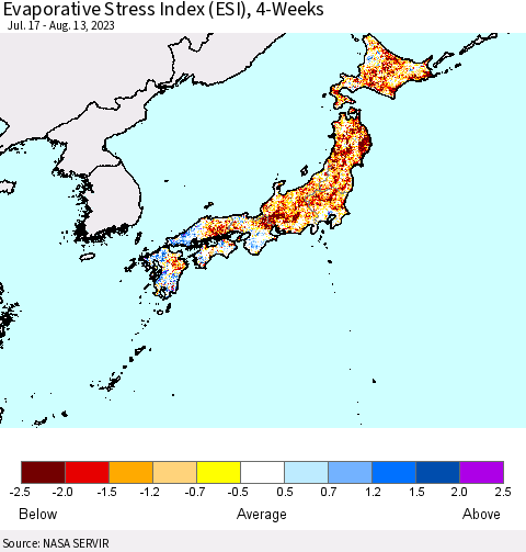 Japan Evaporative Stress Index (ESI), 4-Weeks Thematic Map For 8/7/2023 - 8/13/2023