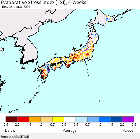 Japan Evaporative Stress Index (ESI), 4-Weeks Thematic Map For 1/8/2024 - 1/14/2024