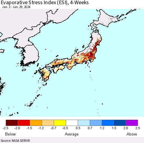 Japan Evaporative Stress Index (ESI), 4-Weeks Thematic Map For 1/29/2024 - 2/4/2024