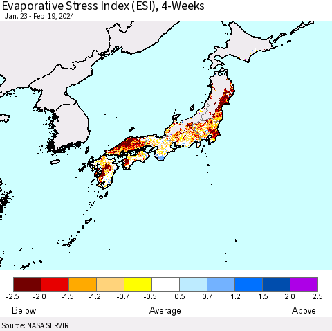 Japan Evaporative Stress Index (ESI), 4-Weeks Thematic Map For 2/19/2024 - 2/25/2024