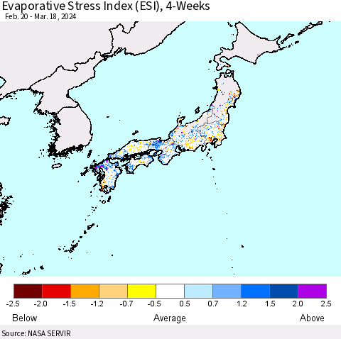 Japan Evaporative Stress Index (ESI), 4-Weeks Thematic Map For 3/18/2024 - 3/24/2024