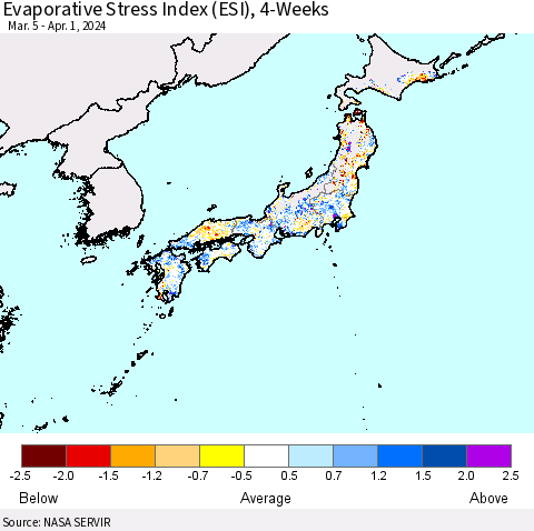 Japan Evaporative Stress Index (ESI), 4-Weeks Thematic Map For 4/1/2024 - 4/7/2024