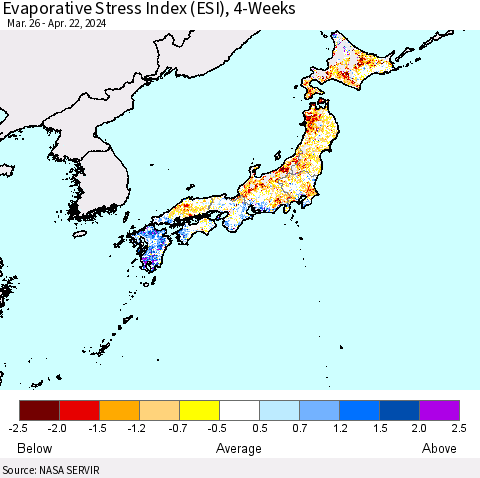Japan Evaporative Stress Index (ESI), 4-Weeks Thematic Map For 4/22/2024 - 4/28/2024