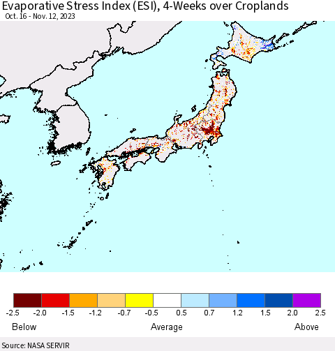 Japan Evaporative Stress Index (ESI), 4-Weeks over Croplands Thematic Map For 11/6/2023 - 11/12/2023