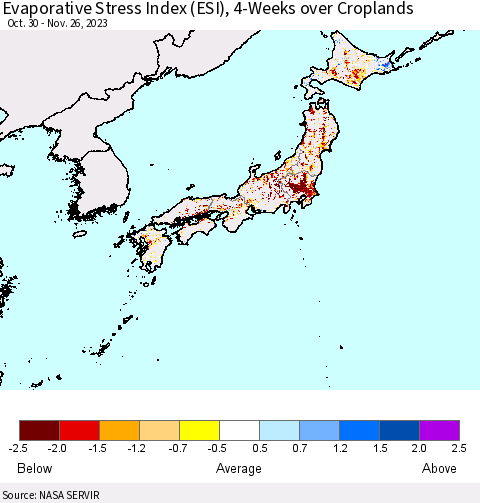 Japan Evaporative Stress Index (ESI), 4-Weeks over Croplands Thematic Map For 11/20/2023 - 11/26/2023