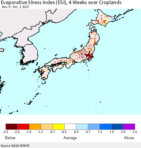 Japan Evaporative Stress Index (ESI), 4-Weeks over Croplands Thematic Map For 11/27/2023 - 12/3/2023