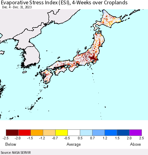 Japan Evaporative Stress Index (ESI), 4-Weeks over Croplands Thematic Map For 12/25/2023 - 12/31/2023