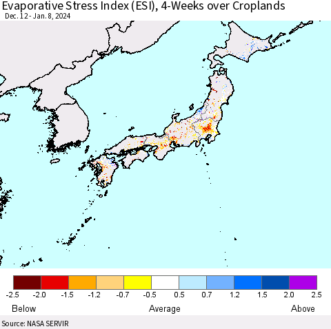 Japan Evaporative Stress Index (ESI), 4-Weeks over Croplands Thematic Map For 1/8/2024 - 1/14/2024