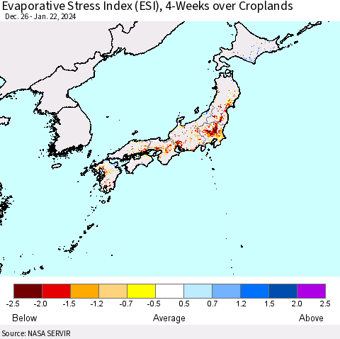 Japan Evaporative Stress Index (ESI), 4-Weeks over Croplands Thematic Map For 1/22/2024 - 1/28/2024