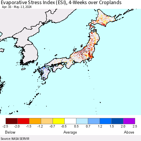 Japan Evaporative Stress Index (ESI), 4-Weeks over Croplands Thematic Map For 5/13/2024 - 5/19/2024