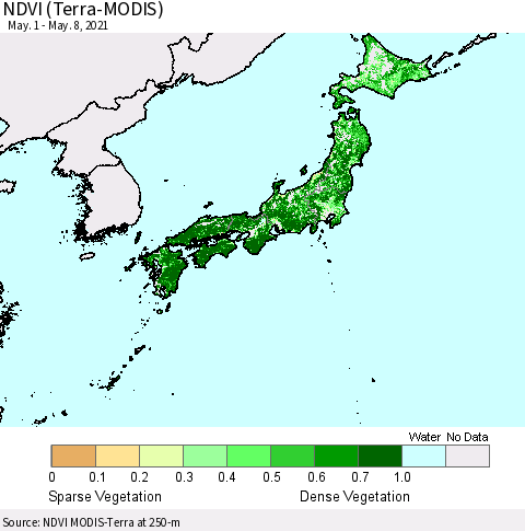 Japan NDVI (Terra-MODIS) Thematic Map For 5/1/2021 - 5/8/2021