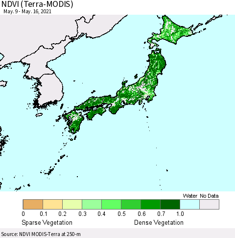 Japan NDVI (Terra-MODIS) Thematic Map For 5/9/2021 - 5/16/2021