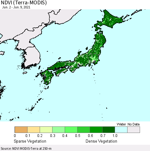 Japan NDVI (Terra-MODIS) Thematic Map For 6/2/2021 - 6/9/2021