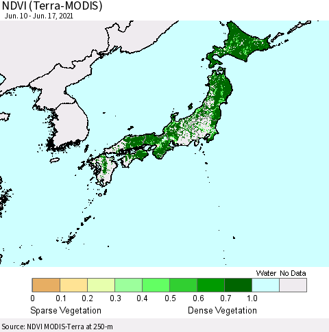 Japan NDVI (Terra-MODIS) Thematic Map For 6/10/2021 - 6/17/2021