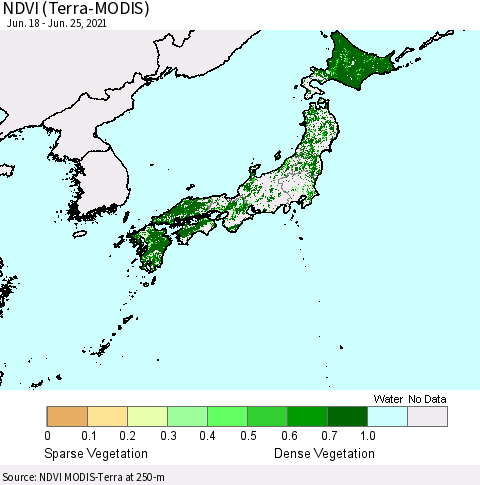 Japan NDVI (Terra-MODIS) Thematic Map For 6/18/2021 - 6/25/2021