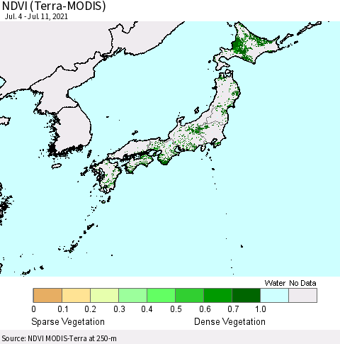 Japan NDVI (Terra-MODIS) Thematic Map For 7/4/2021 - 7/11/2021