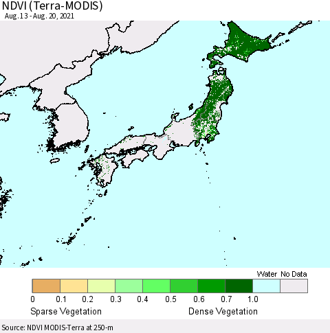 Japan NDVI (Terra-MODIS) Thematic Map For 8/13/2021 - 8/20/2021