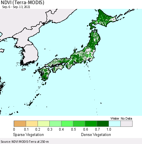 Japan NDVI (Terra-MODIS) Thematic Map For 9/6/2021 - 9/13/2021