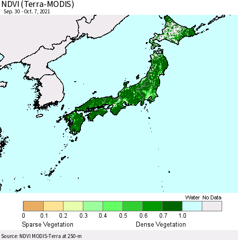 Japan NDVI (Terra-MODIS) Thematic Map For 9/30/2021 - 10/7/2021