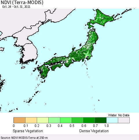 Japan NDVI (Terra-MODIS) Thematic Map For 10/24/2021 - 10/31/2021