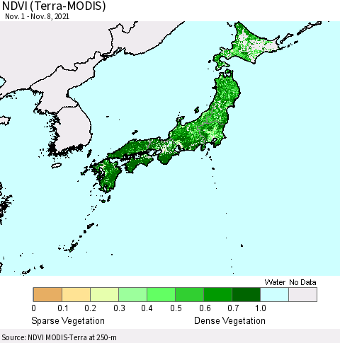 Japan NDVI (Terra-MODIS) Thematic Map For 11/1/2021 - 11/8/2021