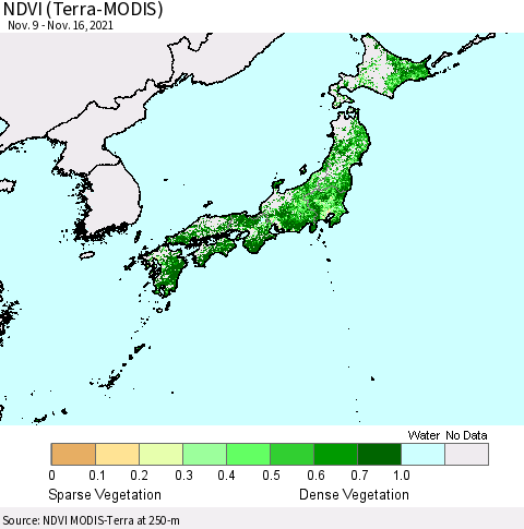 Japan NDVI (Terra-MODIS) Thematic Map For 11/9/2021 - 11/16/2021