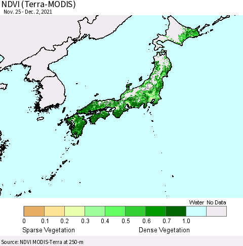 Japan NDVI (Terra-MODIS) Thematic Map For 11/25/2021 - 12/2/2021