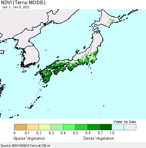 Japan NDVI (Terra-MODIS) Thematic Map For 1/1/2022 - 1/8/2022