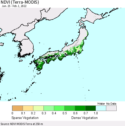Japan NDVI (Terra-MODIS) Thematic Map For 1/25/2022 - 2/1/2022