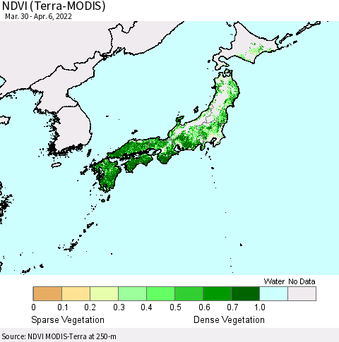 Japan NDVI (Terra-MODIS) Thematic Map For 3/30/2022 - 4/6/2022