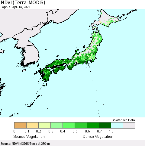 Japan NDVI (Terra-MODIS) Thematic Map For 4/7/2022 - 4/14/2022