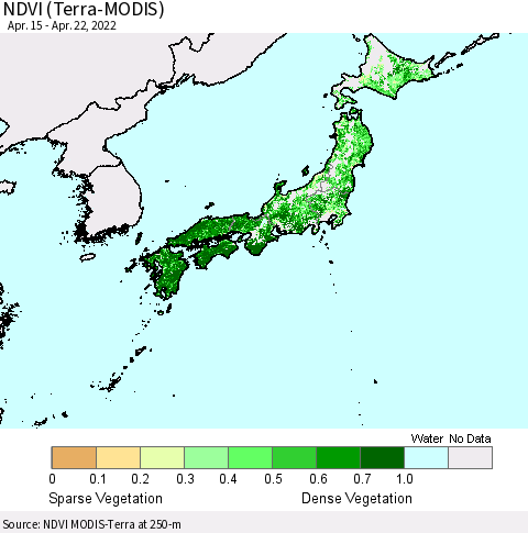 Japan NDVI (Terra-MODIS) Thematic Map For 4/15/2022 - 4/22/2022