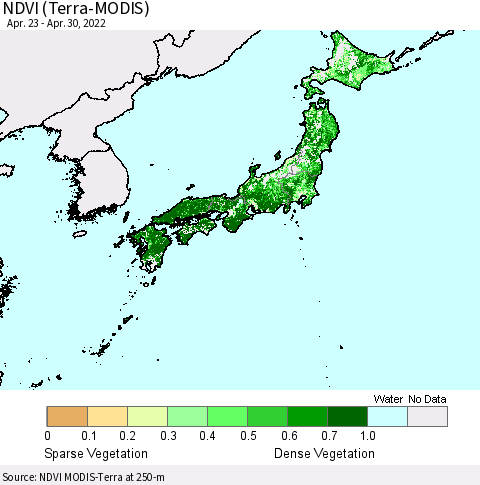 Japan NDVI (Terra-MODIS) Thematic Map For 4/23/2022 - 4/30/2022