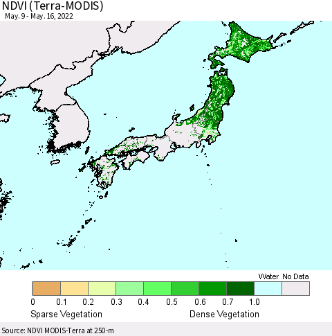 Japan NDVI (Terra-MODIS) Thematic Map For 5/9/2022 - 5/16/2022