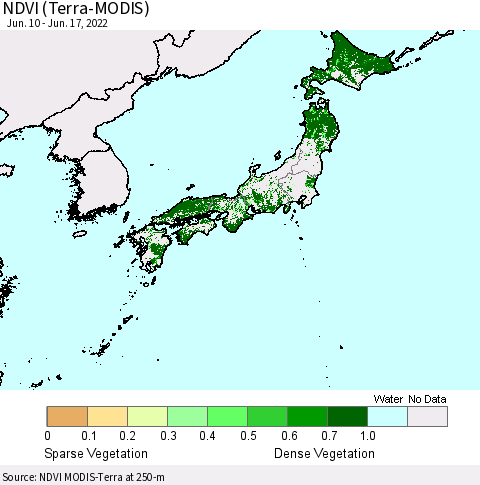 Japan NDVI (Terra-MODIS) Thematic Map For 6/10/2022 - 6/17/2022