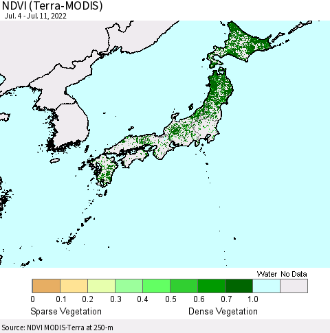 Japan NDVI (Terra-MODIS) Thematic Map For 7/4/2022 - 7/11/2022