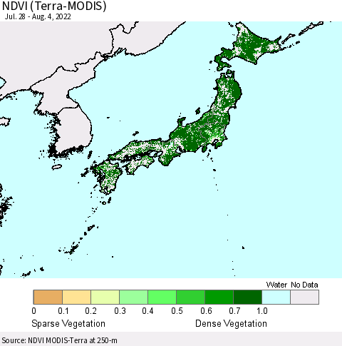 Japan NDVI (Terra-MODIS) Thematic Map For 7/28/2022 - 8/4/2022