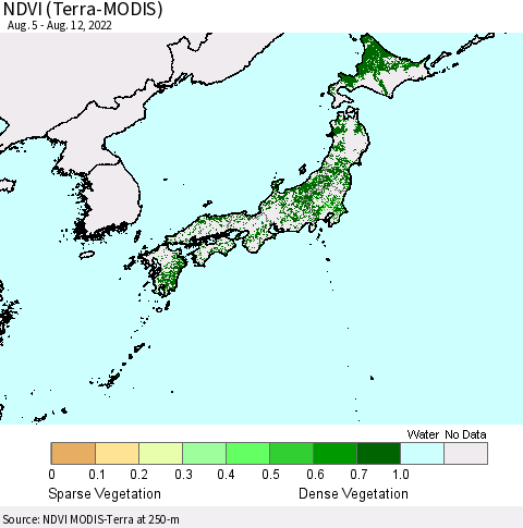 Japan NDVI (Terra-MODIS) Thematic Map For 8/5/2022 - 8/12/2022