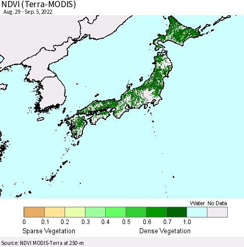 Japan NDVI (Terra-MODIS) Thematic Map For 8/29/2022 - 9/5/2022