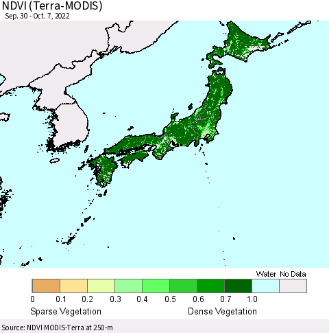 Japan NDVI (Terra-MODIS) Thematic Map For 9/30/2022 - 10/7/2022