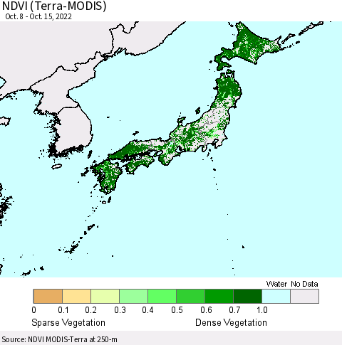 Japan NDVI (Terra-MODIS) Thematic Map For 10/8/2022 - 10/15/2022