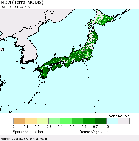 Japan NDVI (Terra-MODIS) Thematic Map For 10/16/2022 - 10/23/2022