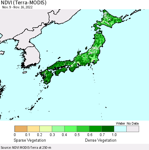 Japan NDVI (Terra-MODIS) Thematic Map For 11/9/2022 - 11/16/2022