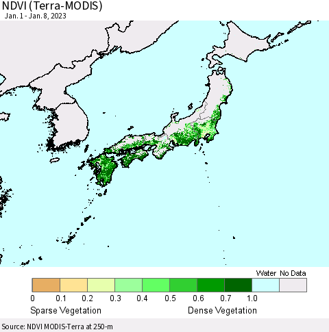 Japan NDVI (Terra-MODIS) Thematic Map For 1/1/2023 - 1/8/2023