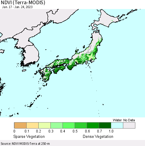 Japan NDVI (Terra-MODIS) Thematic Map For 1/17/2023 - 1/24/2023