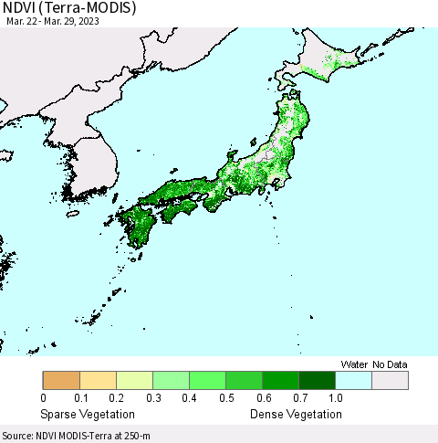 Japan NDVI (Terra-MODIS) Thematic Map For 3/22/2023 - 3/29/2023