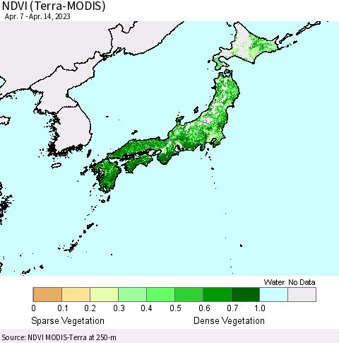 Japan NDVI (Terra-MODIS) Thematic Map For 4/7/2023 - 4/14/2023