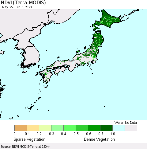 Japan NDVI (Terra-MODIS) Thematic Map For 5/25/2023 - 6/1/2023