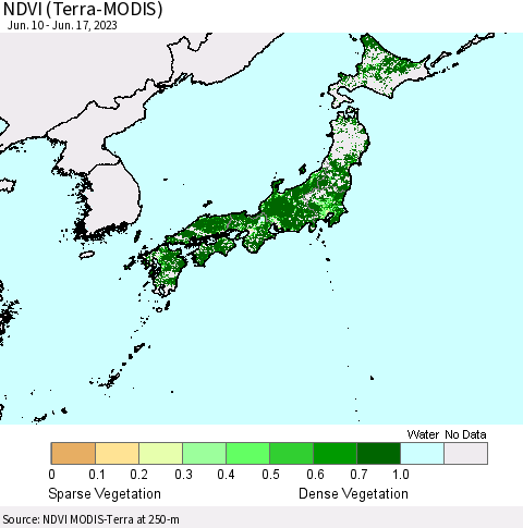 Japan NDVI (Terra-MODIS) Thematic Map For 6/10/2023 - 6/17/2023