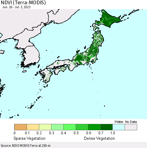 Japan NDVI (Terra-MODIS) Thematic Map For 6/26/2023 - 7/3/2023